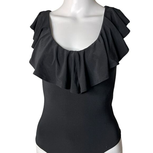 Abound Ruffle V Neck Thong Bodysuit Black Size XS - Picture 2 of 3